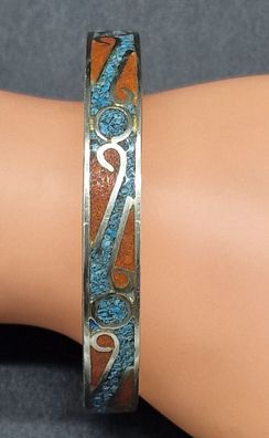Navajo Reif Armband 925 Silber geprüft Türkis Koralle Inlay Umfang 19,79 cm