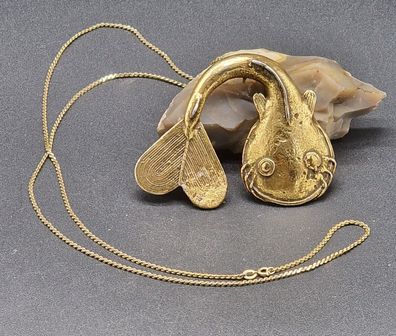 Halskette vergoldet AM Double großer Fischanhänger "WELS" galvanisiert 70er