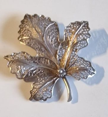 Silberbrosche 800 floral durchbrochen großes Ahornblatt fein ziseliert Art Déco