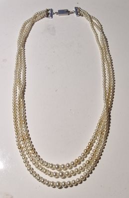 Perlenkette 3-Reihen 925 Silber Perlweiß Länge 48 -49 -52 cm 50er Vintage