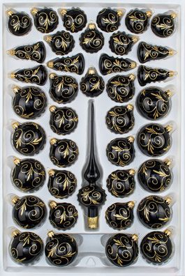 39 tlg. Glas-Weihnachtskugeln Set in Hochglanz Schwarz Goldene Ornamente