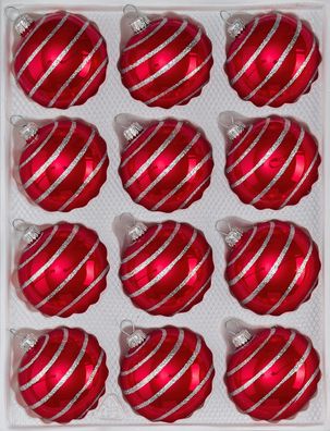 12 tlg. Glas-Weihnachtskugeln Set in "Hochglanz Rot Candy" Silberne-Spiralen