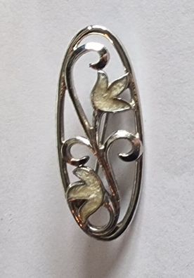Brosche Silber rhodiniert filigran emailliert Tulpenköpfe Perlweiß CMK Vintage