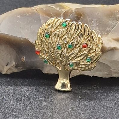 Brosche vergoldet Lebensbaum Swarovski Kristall weiß grün und rot Vintage