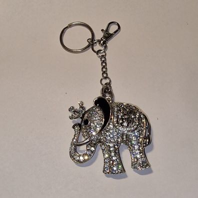Schlüsselanhänger Silber rhodiniert Elefant voll Strass mit Krone Vintage 90er