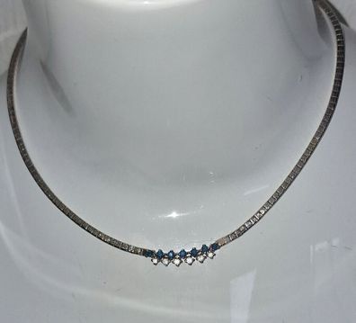 Collier 925 Silber rhodiniert blauweißer Saphir zweireihig geriffelt Länge 40 cm