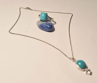 Halskette & Anhänger Ring RG.62 925 -835 Silber blaue Edelsteine Länge 40 cm
