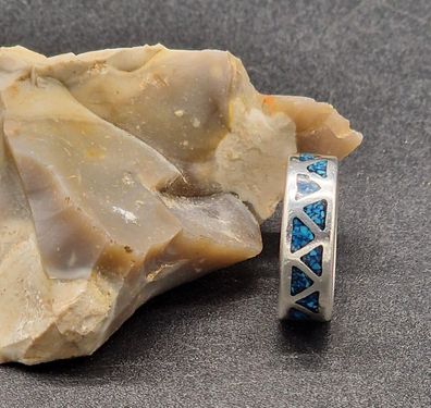 Navajo Ring 925 Silber Bandring Dornröschen Türkissplitter Größe 59,8 Vintage