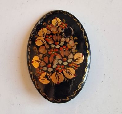Große Brosche oval handgemalt floral Blumenstrauß mehrfarbig 70er Vintage