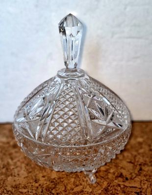Bleikristall Gebäckschale Dreifuß Ornamentendekor Deckel Vintage