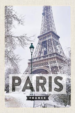 Holzschild Holzbild 18x12 cm Paris Frankreich Eiffelturm Schnee