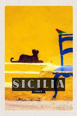 Holzschild 12x cm - Sizilien Italien malerisches Bild Katze