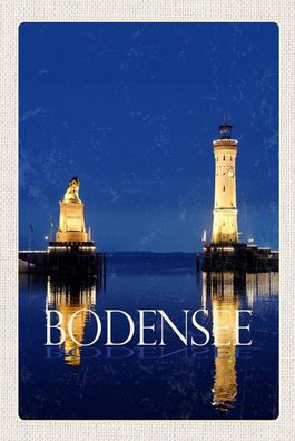 Blechschild 18x12 cm Bodensee Deutschland Leuchtturm Nacht