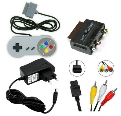Super Nintendo Set AV Cinch Kabel + Scartadapter + Netzteil + Controller
