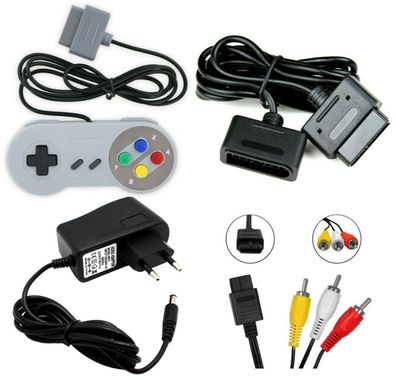Super Nintendo AV Cinch Kabel + Netzteil + Controller + Verlängerung für SNES