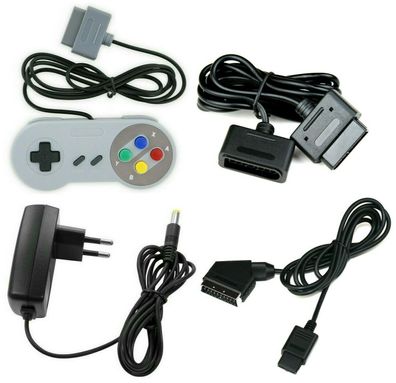 Super Nintendo Set RGB Scart Kabel + Netzteil + Controller + Verlängerungskabel