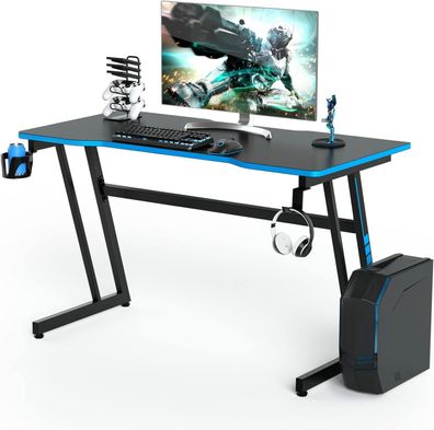 120cm Gaming Tisch Z-förmig, Computertisch mit Getränkehalter, Kopfhörerhaken