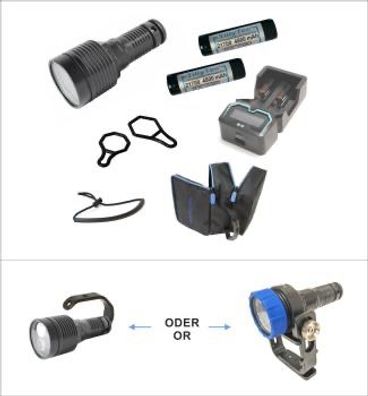 TillyTec® Maxi uni LED Tauchlampe + LED Modul nach Wahl + Akku + Ladegerät + AddOn