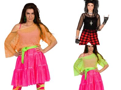 Netz Shirt Damen oversize orange grün schwarz 80er Bad Taste Karneval Fasching