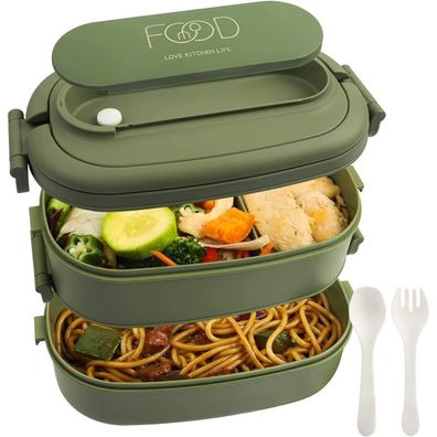 OITUGG 2-Layer Lunch Box 1550 ml Lunch Box with 3 Compartments and Cutlery -