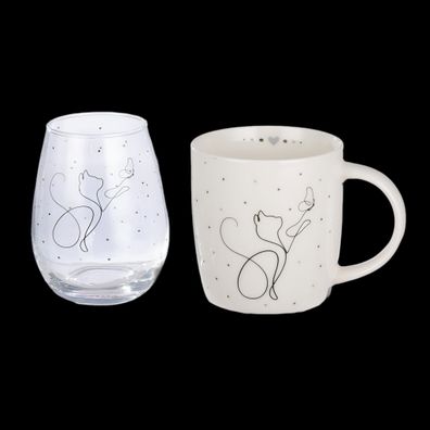 Geschenk-Set 2-tlg. - Gilde Tasse & Glas Love Cat - Glas Porzellan Motiv - für Drinn