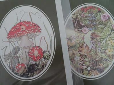 2 alte Grußkarten Sheila Mannes Abott England 1978 Pilze Mäuse Natur Blumen...