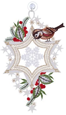 Plauener Spitze Fensterbild Weihnachten Vogel mit Stern 26 cm Fensterdekoration