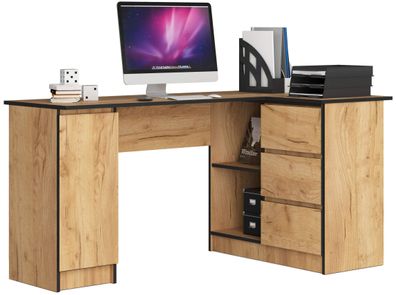 Schreibtisch EICHE CRAFT Großer Eckschreibtisch mit drei Schubladen und eine Tur