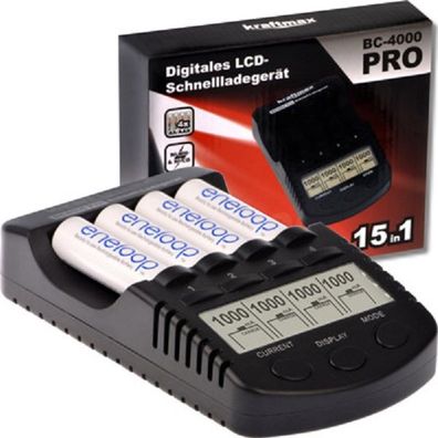 Kraftmax BC-4000 Pro Akku & USB Ladegerät + 4x LSD Plus Mignon AA 2550mAh Akkus + Box