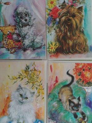 4 mini Grußkarten England Tiere wie gemalt Hunde Katzen RAR