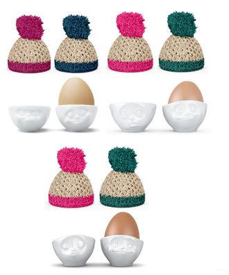 Eierbecher 6er Set mit verschiedenen Gesichtern und 6 Mützen - Fiftyeight Products