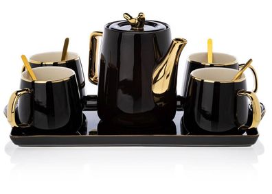 HowHomely Kaffeeservice 4 Personen mit Teekanne Noah schwarz gold Tasse Kaffeetasse