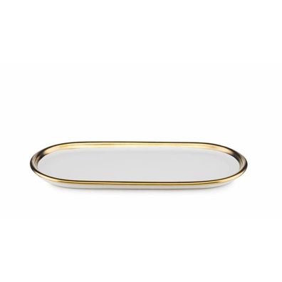 HowHomely Oval Dekotablett Lovia aus Keramik weiß gold Glamour Serviertablett Tablett