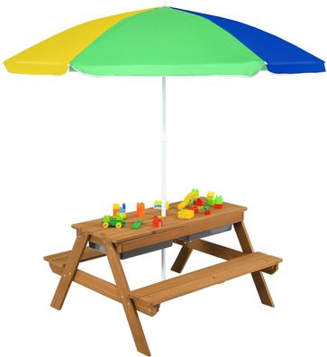 3 in 1 Kinder Picknicktisch mit Sonnenschirm & Bänke, Kindersitzgruppe aus Holz