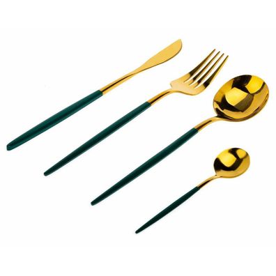 HowHomely Besteck 4 tlg Set Besteckset gold grün Elegantes Design Gabel Messer Löffel