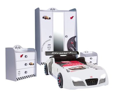 Kinderzimmer Autobettzimmer TURBO 3 weiß mit Turbo V8 Autobett, Sparset 4-teilig