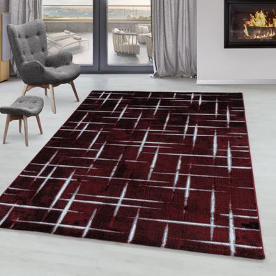 Wohnzimmerteppich Kurzflor Design Teppich Gitter Muster Soft Flor Rot