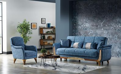 Sofagarnitur 3 + 1 Sitzer Sofa Set Komplett Textil Holz Wohnzimmer Luxus Sofa Neu