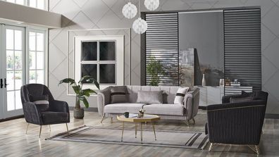 Designer Sofagarnitur 3 + 3 + 1 Sitzer Couch Polster Sitzgarnitur Samt Set Grau
