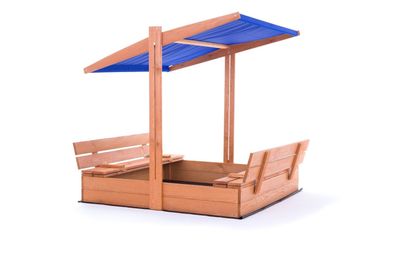 Sandkasten - Holz - mit Dach und Bänken - 140x140 cm - Blau