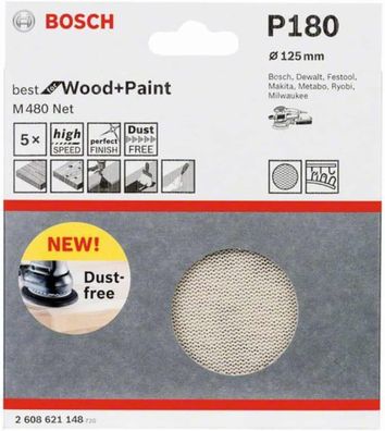 Bosch Professional 5 Stück Schleifblatt M480 P180 Wood and Paint Ø 125 mm,