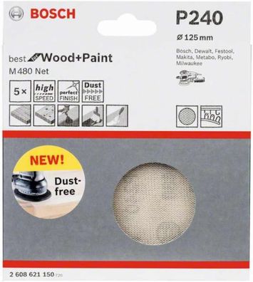 Bosch Professional 5 Stück Schleifblatt M480 P240 Wood and Paint Ø 125 mm,