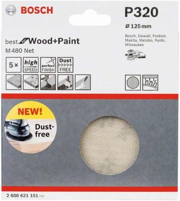 Bosch Professional 5 Stück Schleifblatt M480 P320 Wood and Paint Ø 125 mm,