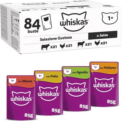 Whiskas 1+ Katzennassfutter Klassische Auswahl in Sauce Großpackung 84 x 85g