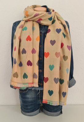 XXL Herbst Winter Schal Tuch edel soft beidseitig tragbar Herzen Beige/ Bunt