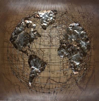 Handgefertigtes Metallbild Globus ca. 100x100 cm Kunst Bild 3D-Optik Wandbild
