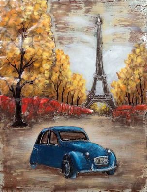 Handgefertigtes Metallbild Paris blauer Citroën 80x60 cm Kunst Bild 3D-Optik Wandbild