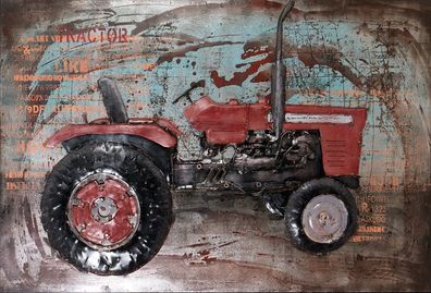 Handgefertigtes Metallbild Traktor Rot 120x80 cm Kunst Bild 3D-Optik Wandbild