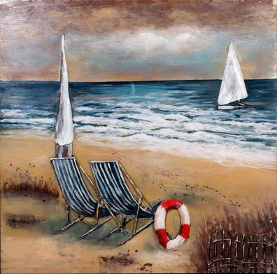 Handgefertigtes Metallbild Beach Lifebelt 100x100 cm Kunst Bild 3D-Optik Wandbild