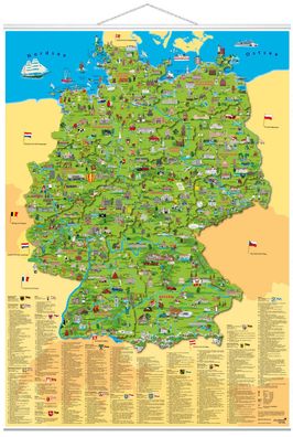 Illustrierte Deutschlandkarte, Planokarte, mit Metall-Beleistung Po